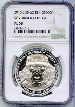 2016 Congo Silverback Gorilla 1 Oz 999 Silver NGC PL68 5000 Francs Coin -DM934