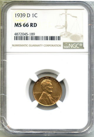 1939-D Lincoln Wheat Cent Penny NGC MS66 RD Certified - Denver Mint - G685