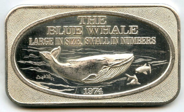 Blue Whale 1974 Art Bar 999 Silver 1 oz Ingot Medal Vintage United States - A93
