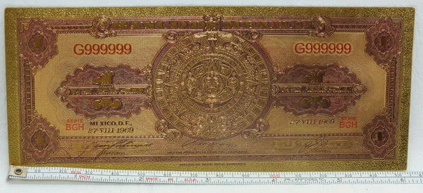 1969 Mexico 1 Peso Aztec Calendar Novelty 24K Gold Foil Plated Note Bill - LG323