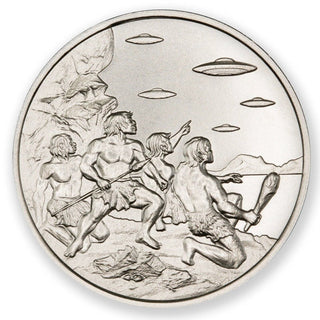UFOs Over Cavemen Neanderthals Aliens Saucers 1 Oz 999 Silver Round - JP533