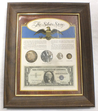 The Silver Story US Coin & Currency Frame Display 1922 Peace 1957 $1 -DN715
