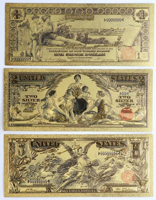 1896 $1 $2 $5 Educational Silver Certificate Novelty Gold Foil 3 Note Set- GFS02