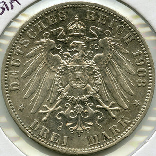 1908 German States Prussia 3 Mark .9000 Silver Coin -DM254