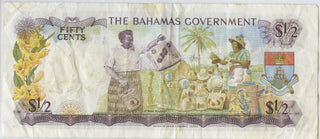 1965 The Bahamas Government Banknote 50 Cent Currency Note in Holder Money DN169