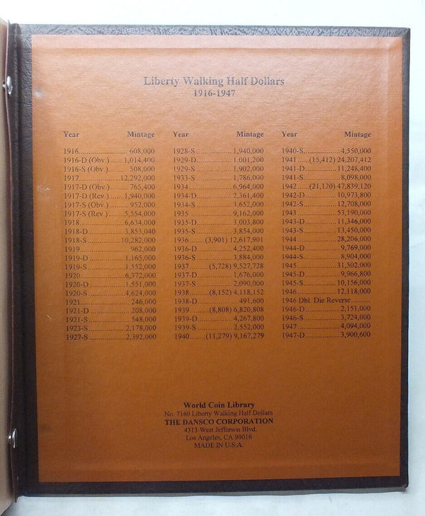 Walking Liberty Half Dollars 7160 Dansco Album Coin Set Folder Halves - G766