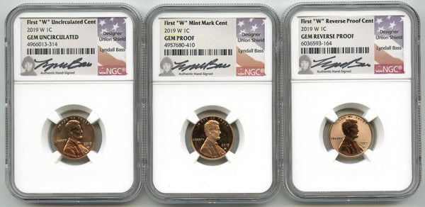 2019-W Lincoln Cent Penny 3-Coin Set NGC Gem Lyndall Bass Signature - G148