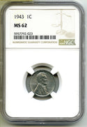 1943 Lincoln Steel Cent Penny NGC MS62 Certified - A357