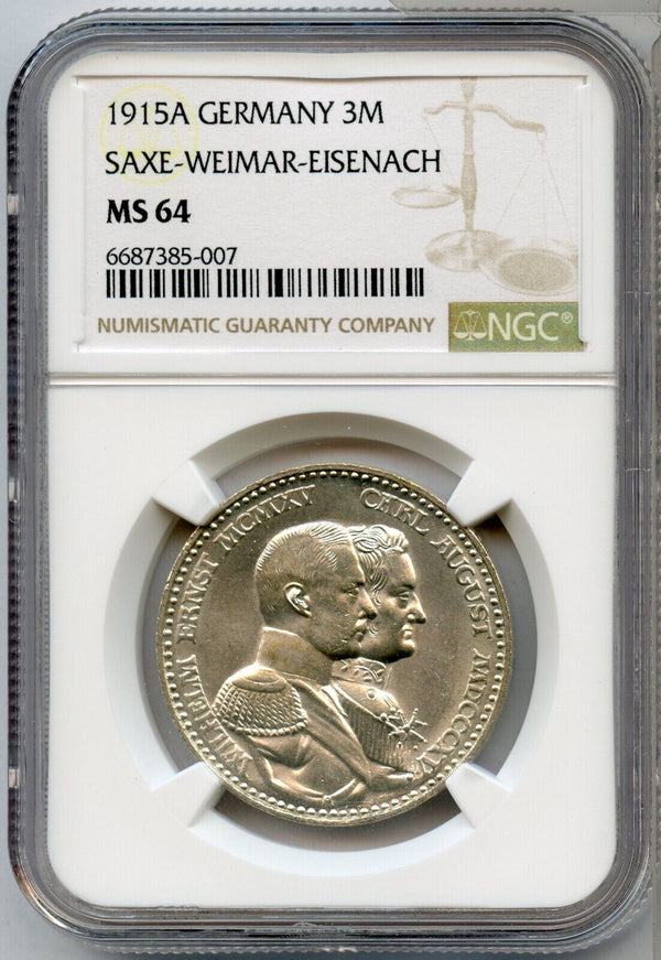 1915-A Germany Saxe Weimar Eisenach 3 Mark Silver Coin NGC MS64 - JP601
