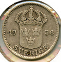 1936 Sweden Silver Coin 25 Ore - CA705