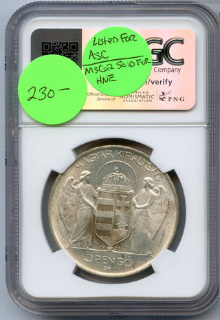 1939-BP Hungary Admiral Miklos Horthy 5 Pengo Silver Coin NGC MS63 - JP616