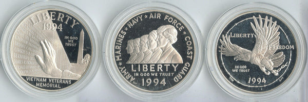 1994 US Veterans 3-Coin Proof Set Commemorative Silver Dollars -DN484