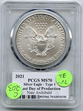 2021 Silver Eagle Type 1 PCGS MS70 Last Day Nate Archibald Legends of Life C203