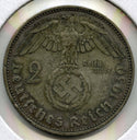 1939-J Germany Silver Coin 2 Mark - Paul Von Hindenburg Deutsches Reich - E213