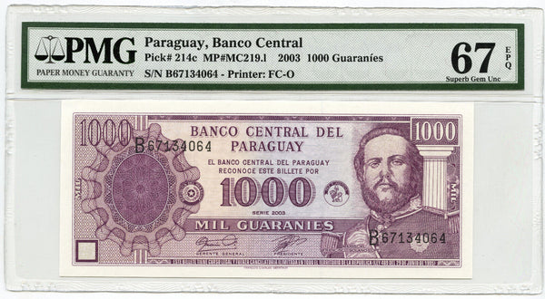 2003 Paraguay 1000 Mil Guaranies Currency PMG 67 Superb Gem Unc EPQ Note - A743