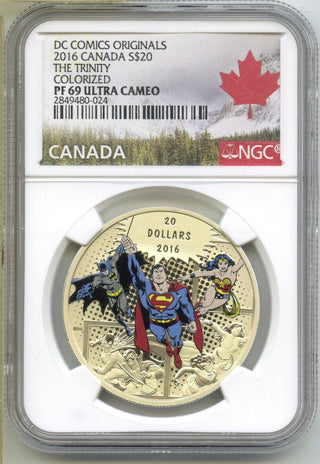 2016 Canada Trinity DC Comics $20 Colorized NGC PF69 Ultra Cameo Coin - B354