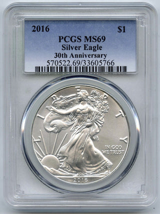 2016 American Eagle 1 oz Silver Dollar PCGS MS69 Coin 30th Anniversary - E78