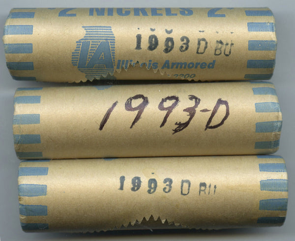 Three 1993-D Jefferson Nickels 40-Coin Rolls Uncirculated BU Denver Mint - A755