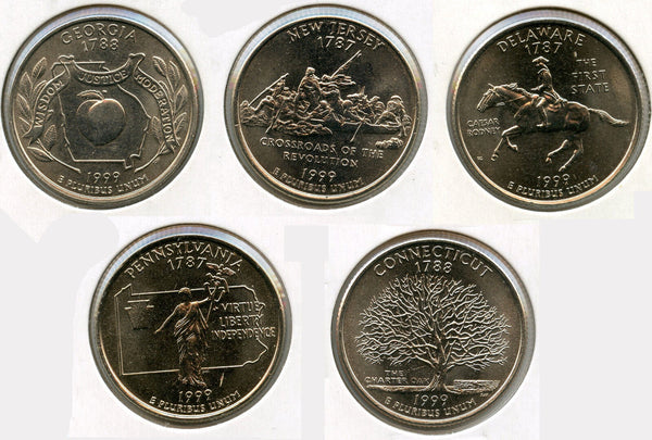 1999-D State Quarter 5-Coin Set DE NJ PA CT GA - Denver Mint - KZ602
