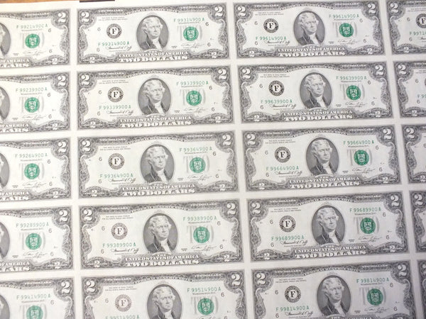 Uncut Sheet 1976 $2 Federal Reserve (32) Notes Atlanta Georgia Currency - B692