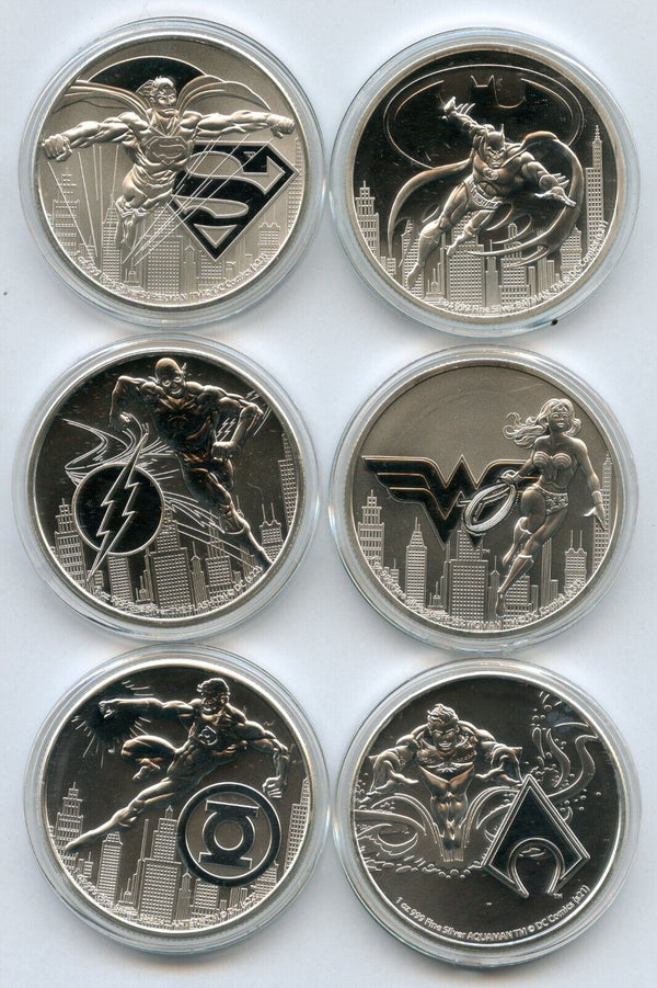 Batman Wonder Woman Superman Aquaman Flash Green Lantern DC 1 Oz Silver Coin Set