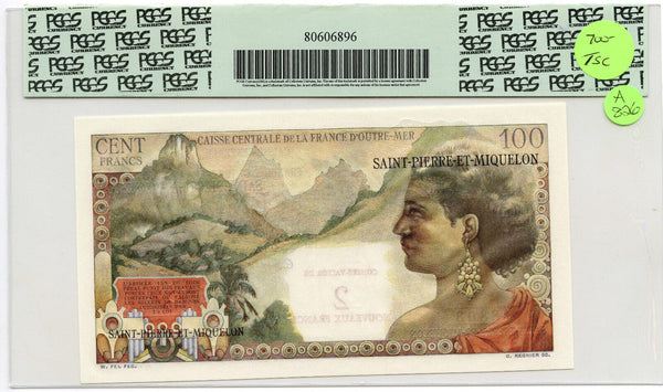 1963 Saint Pierre Miquelon 2 Nouveaux Francs on 100 Francs PCGS 67PPQ Gem A823