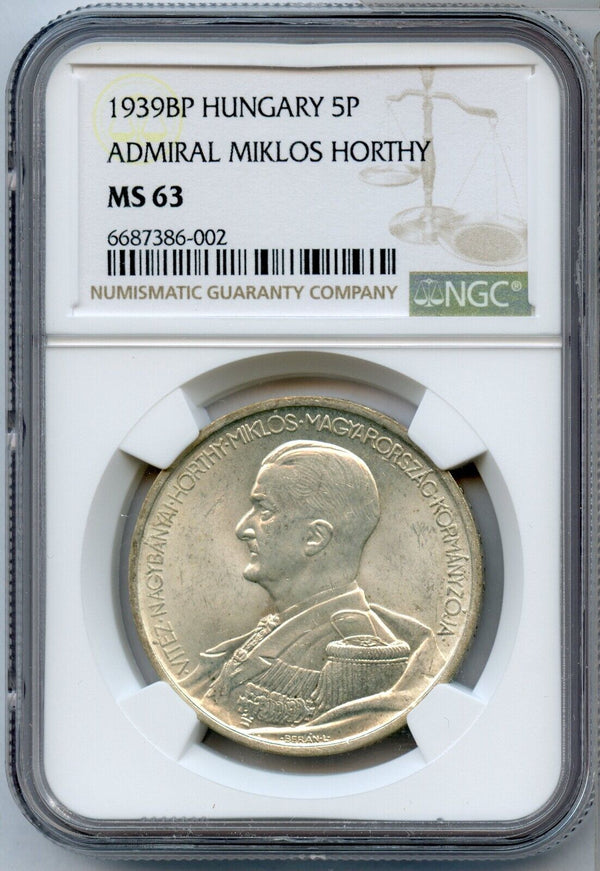 1939-BP Hungary Admiral Miklos Horthy 5 Pengo Silver Coin NGC MS63 - JP616