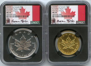 2020-W Canada 1 Oz Burnished Maple Leaf Gold Silver NGC MS70 Susan Taylor JP471