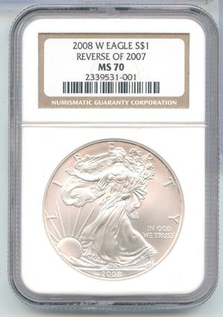 2008-W NGC MS70 American Silver Eagle Reverse OF 2007 1oz 999 West Point - ER814