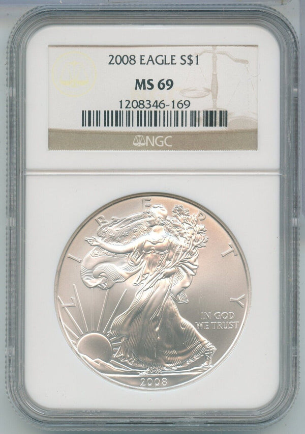 2008 NGC MS 69 American Silver Eagle 1 oz 999 Silver Dollar - ER885