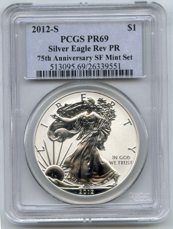 2012-S American Eagle 1 oz Silver Dollar PCGS PR69 Reverse Proof 75th Ann - C202