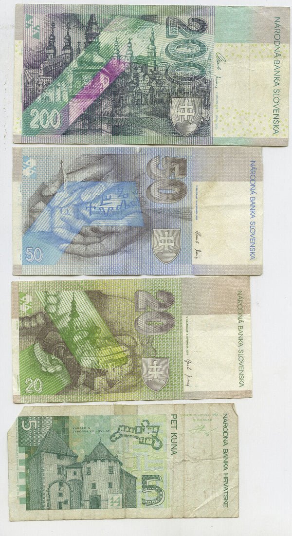 Slovakia Currency Lot 5, 20, 50, 200 Currency Korun Money DN170
