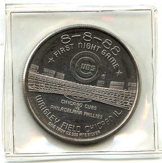 Chicago Cubs Wrigley Field 999 Silver 1 oz Medal 8-8-88 Round Night Game - G936