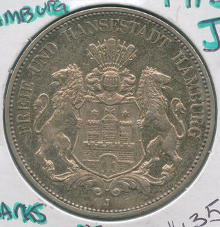 1913-J Germany Hamburg Silver 5 Mark Coin Deutsches Reich - KR579