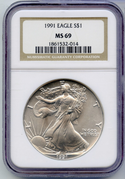 1991 American Silver Eagle 1 Oz NGC MS69 Certified Coin $1  -DM522