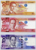 2013 Philippines Banknote Set 20, 50, 100 Piso Solid 4 Serial Repeater - B416
