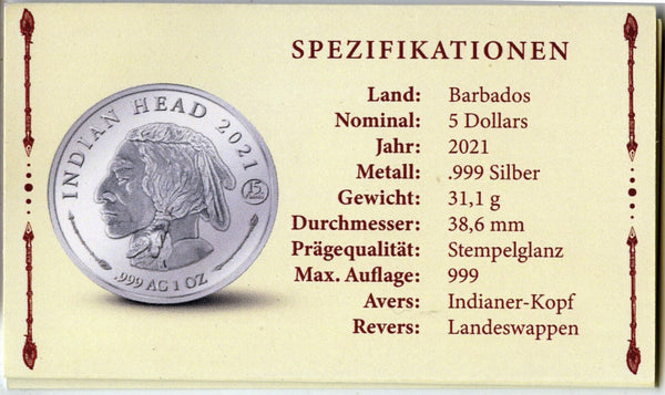 2021 Indian Head Silver 1 oz $5 Coin Barbados 1 Gram $10 Gold - DM628
