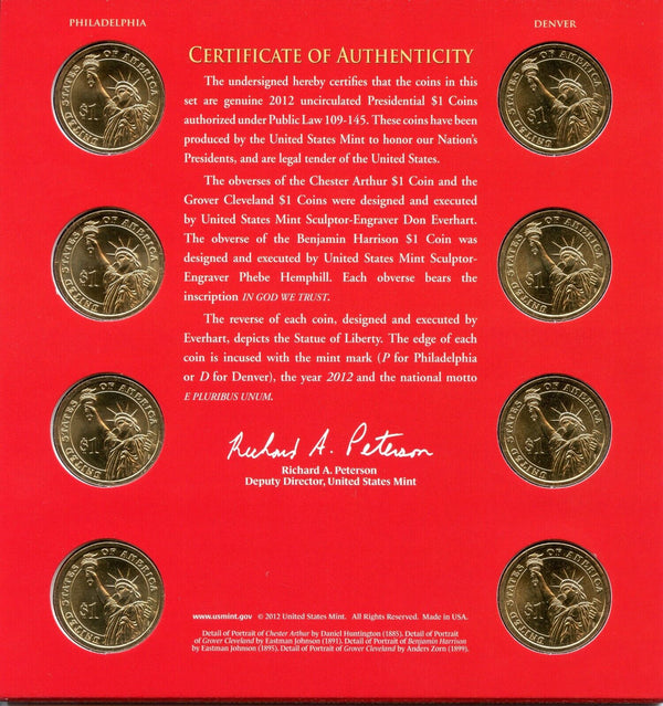 2012 P & D Presidential $1 Coin Uncirculated Set 8 Coins US Mint OGP - JP349