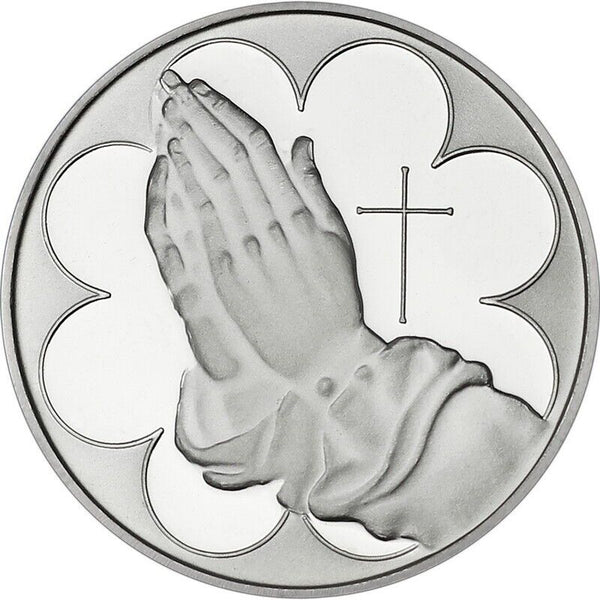 Praying Hands 999 Silver 1 oz Religious Art Medal Cross Round Christianity