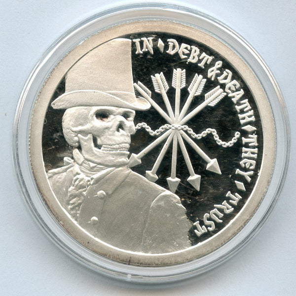 In Debt & Death They Trust 999 Silver Bullet Shield 1 oz Medal Round Skull JL612