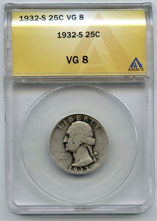 1932-S Washington Silver Quarter ANACS VG 8 Certified - San Francisco Mint - C99