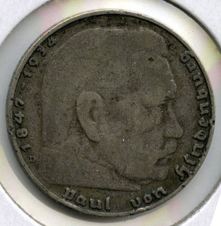 1936-D Germany Silver Coin 2 Mark - Paul Von Hindenburg Deutsches Reich - E212