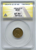 1914-D Lincoln Wheat Cent Penny ANACS EF 40 Details Bent - Denver Mint - A847