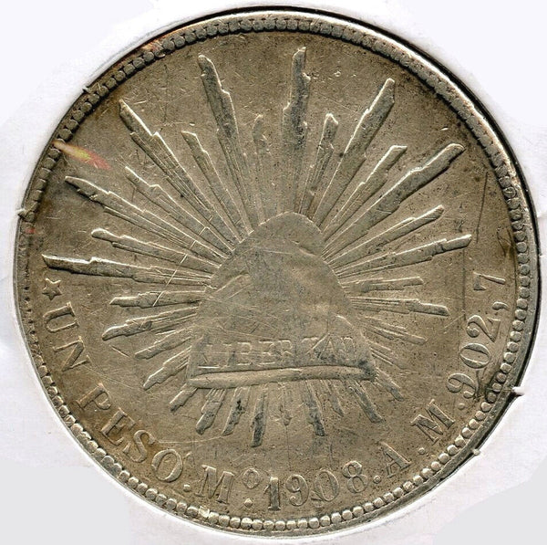 1908-Mo Mexico Silver Coin Un Peso - Libertad Plata - Republica Mexicana - A21