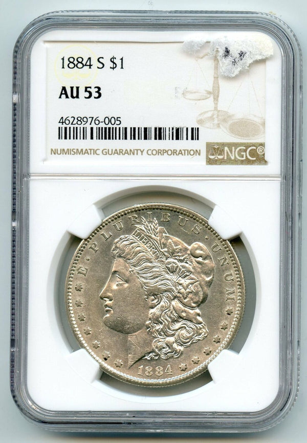 1884-S Morgan Silver Dollar NGC AU 53 Certified $1 Great Breast Feathers - BR480