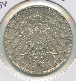 1909-J Germany Hamburg Silver 3 Mark Coin - KR575