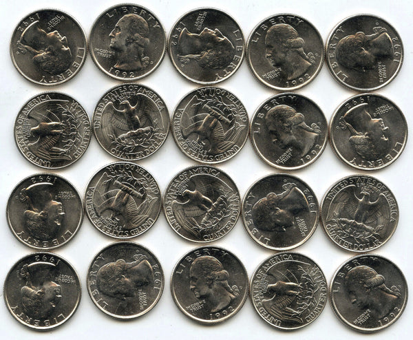 1992-D Washington Quarters 38-Coin Roll BU Uncirculated - Denver Mint - B587
