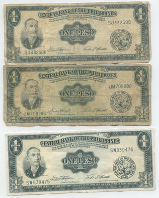 1949 Central Bank Of The Philippines One Peso Bank Notes  Lot Of 3 - ER531