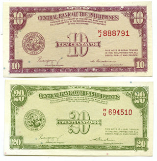 1949 Philippines 10 & 20 Centavos Banknotes Currency Lot Notes Filipinas - A402