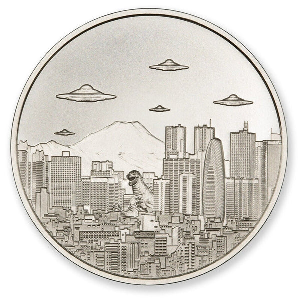UFOs Over Tokyo Japan Godzilla 1 Oz 999 Silver Round Medallion Aliens JP363
